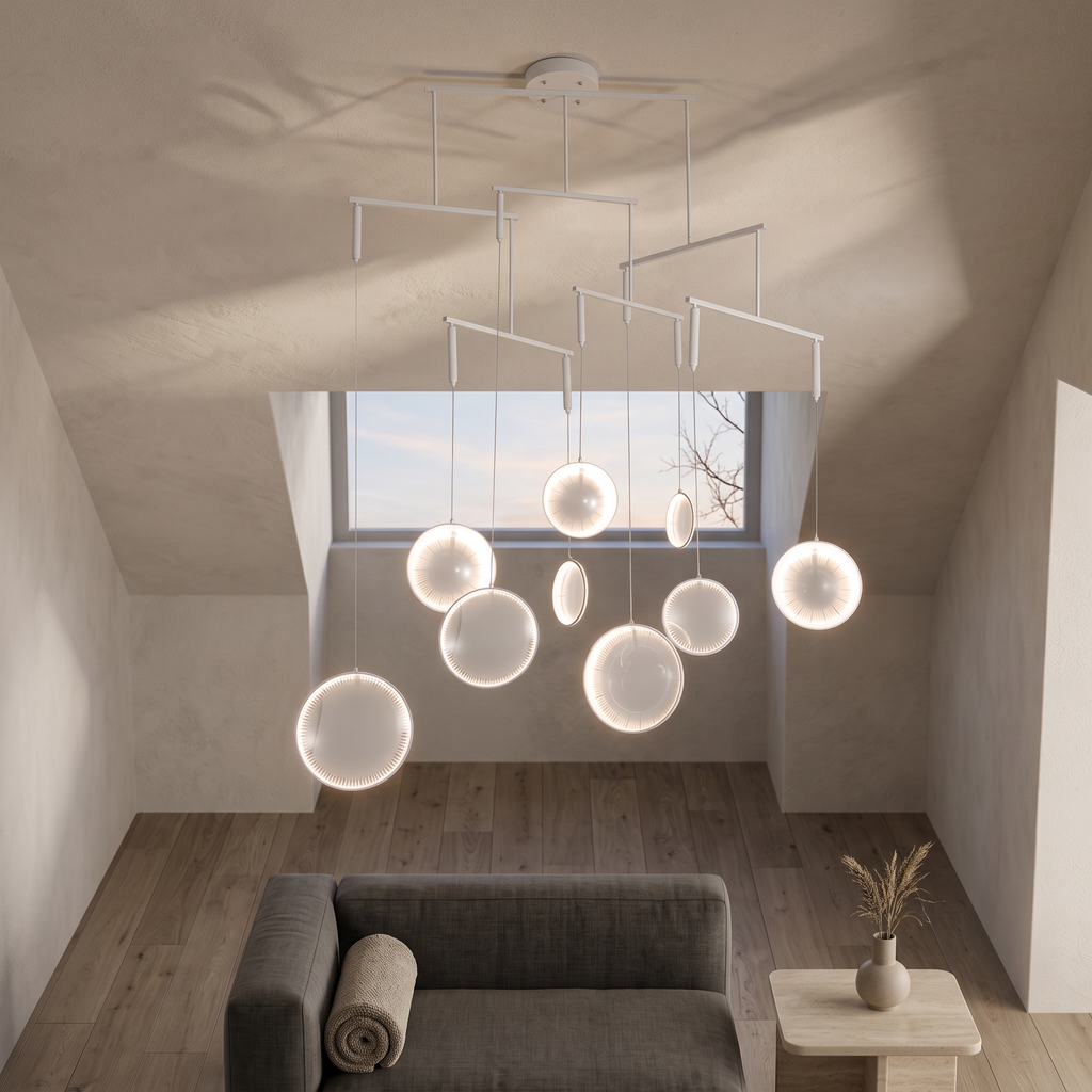 Focus Chandelier, White Acrylic Ring LED Ceiling Light for Living Room and Bedroom, Remote Dimmable