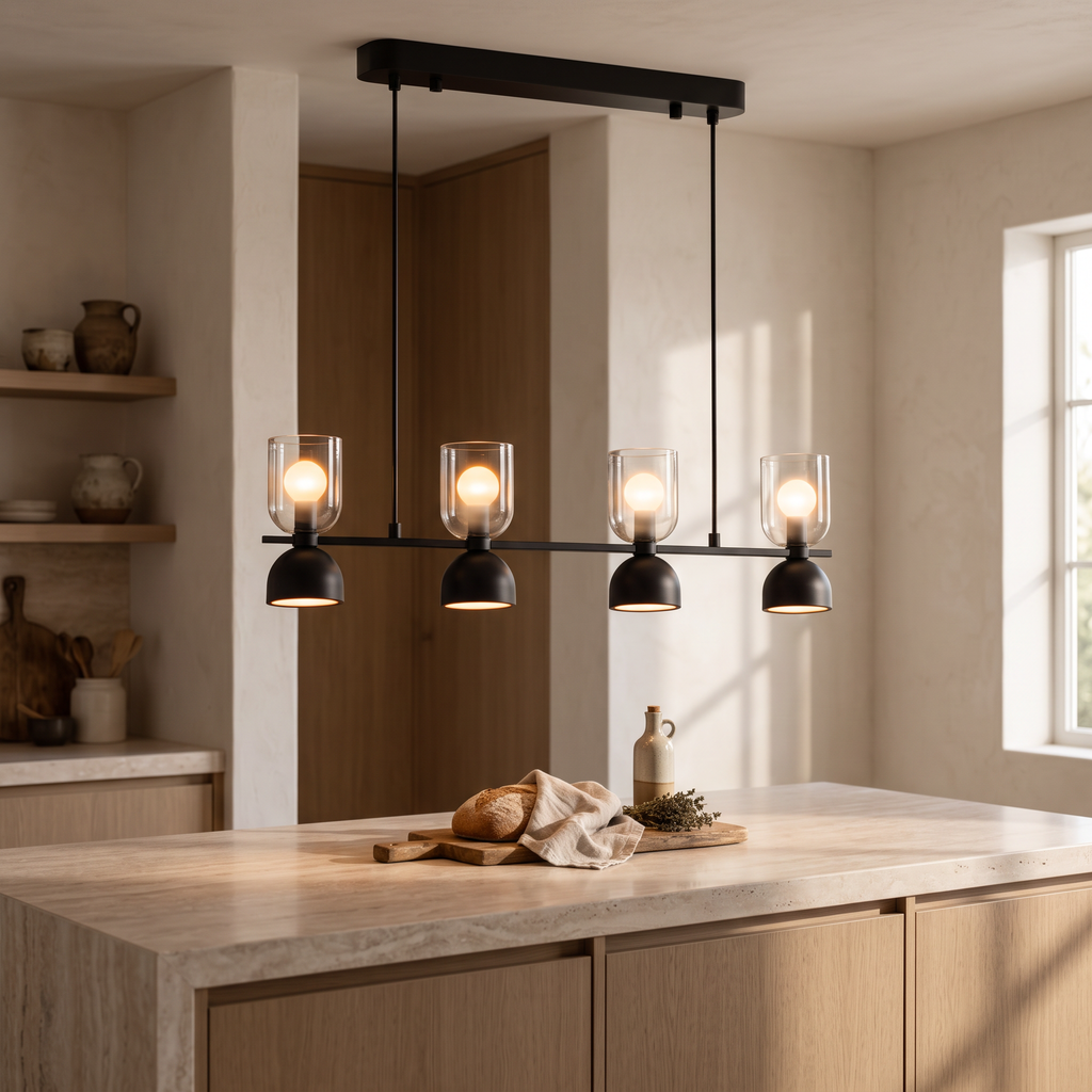 Linear Glass Pendant Chandelier, Black Metal 4-Light Ceiling Light for Kitchen Island and Dining Room