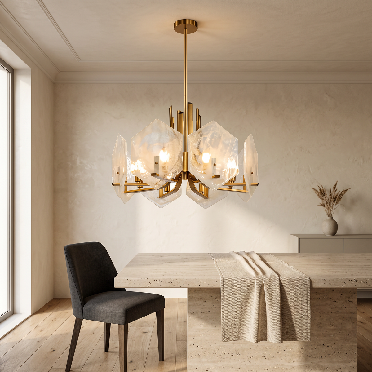 Geometric Chandelier, Gold Metal and Clear Glass Ceiling Light for Entryway, Adjustable Rod