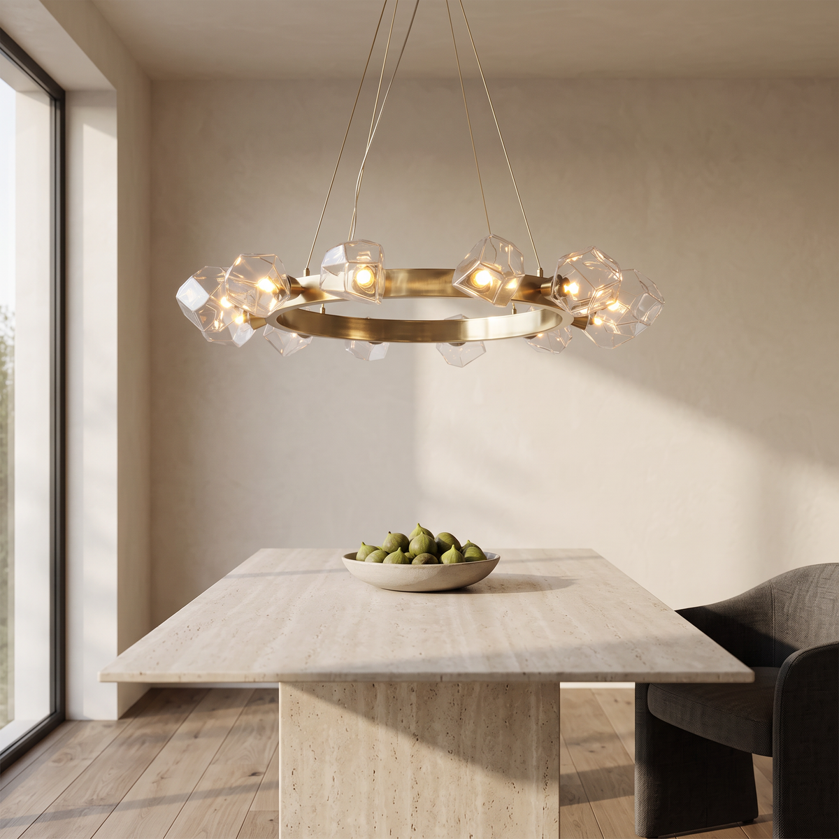 Round Chandelier, Gold Metal and Clear Glass Ring Ceiling Light for Entryway, Adjustable Cord