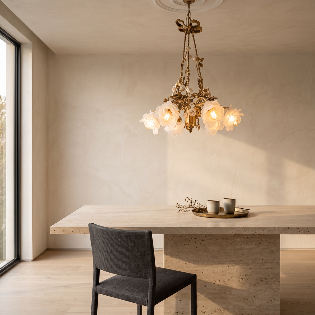 Flower Chandelier, Brass and White Glass 3-Light Ceiling Fixture for Dining Room and Bedroom