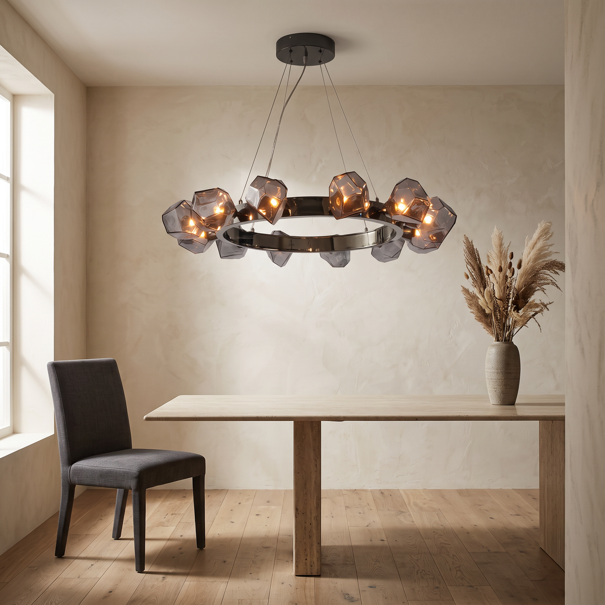 Round Chandelier, Black Metal and Clear Glass Ring Ceiling Light for Entryway, Adjustable Cord