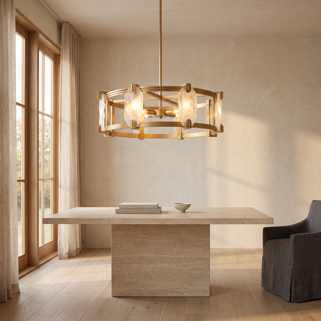 Round Glass Chandelier, American Copper 4-Light Ceiling Fixture for Dining Room and Living Room