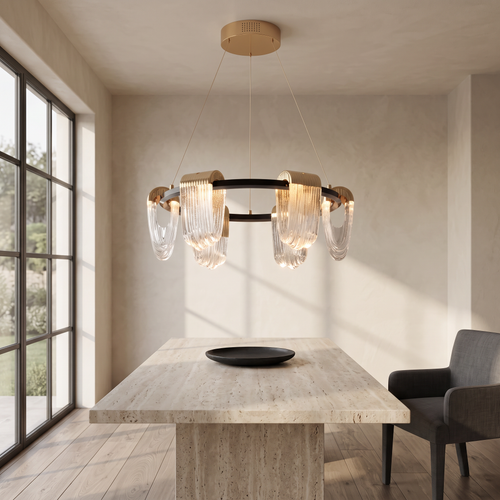 Circular Chandelier, Gold and Gray Aluminum LED Ceiling Light for Dining Room and Living Room