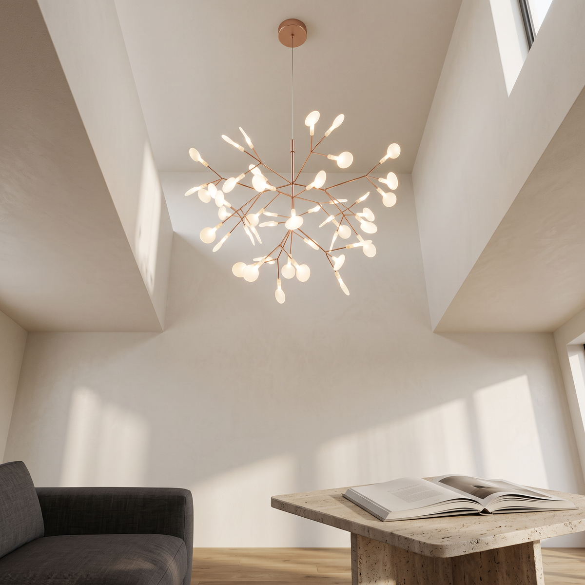 Sputnik Chandelier, Copper and Glass 45-Light Starburst Fixture for Living Room and Staircase