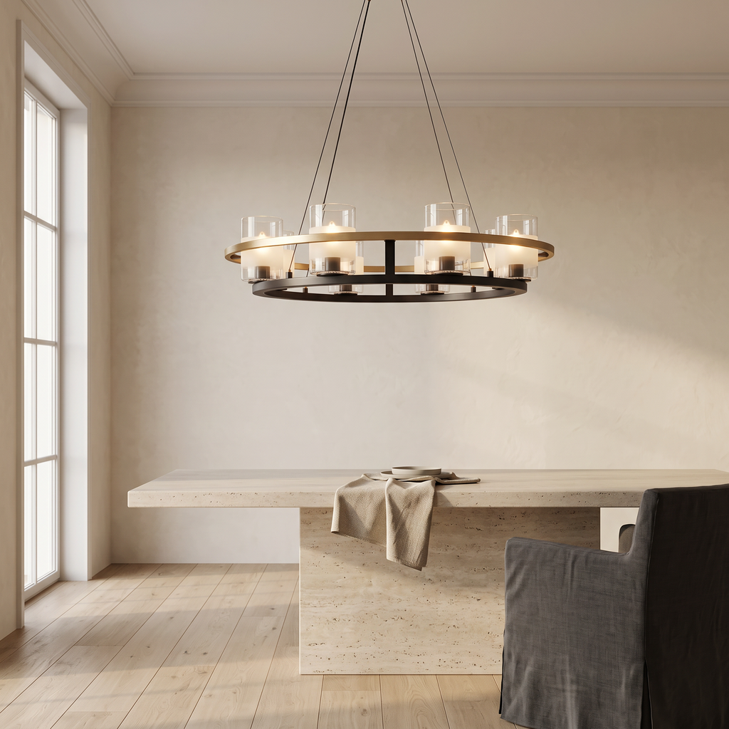 Wagon Wheel Chandelier, Full Copper and Clear Glass Ceiling Light for Dining Room, 8 to 15 Lights