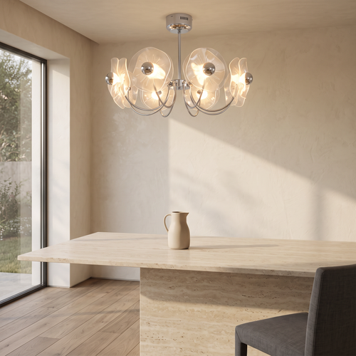 Acrylic LED Chandelier, Chrome and White Faceted Ceiling Light for Dining Room and Bedroom