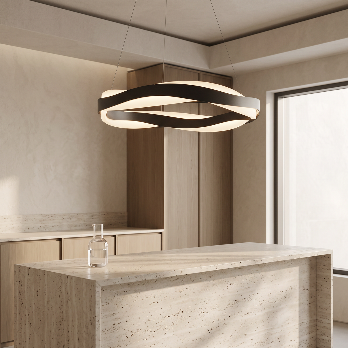 Wavy Pendant Light, Black Stainless Steel and Acrylic LED Ceiling Light for Dining Room, Linear