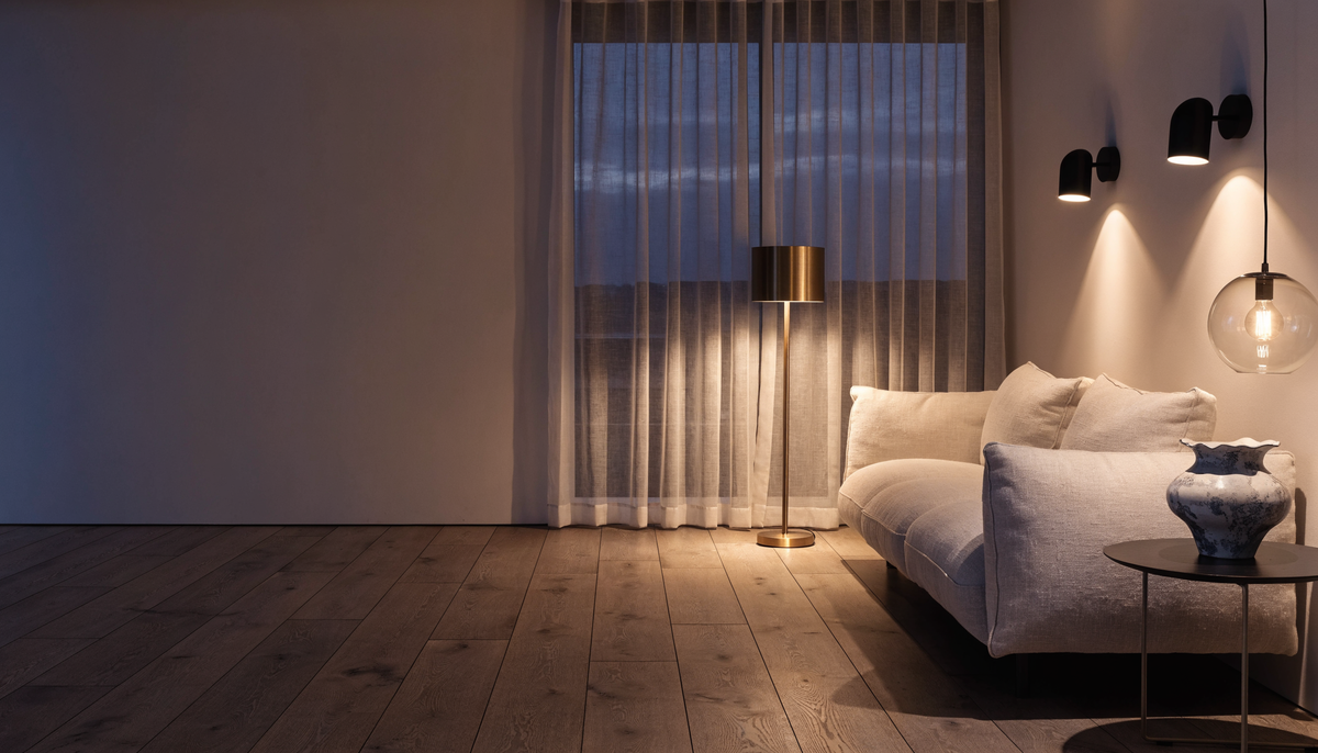 Hero v2 rooms — layered living room at dusk with floor lamp, sconces and pendant