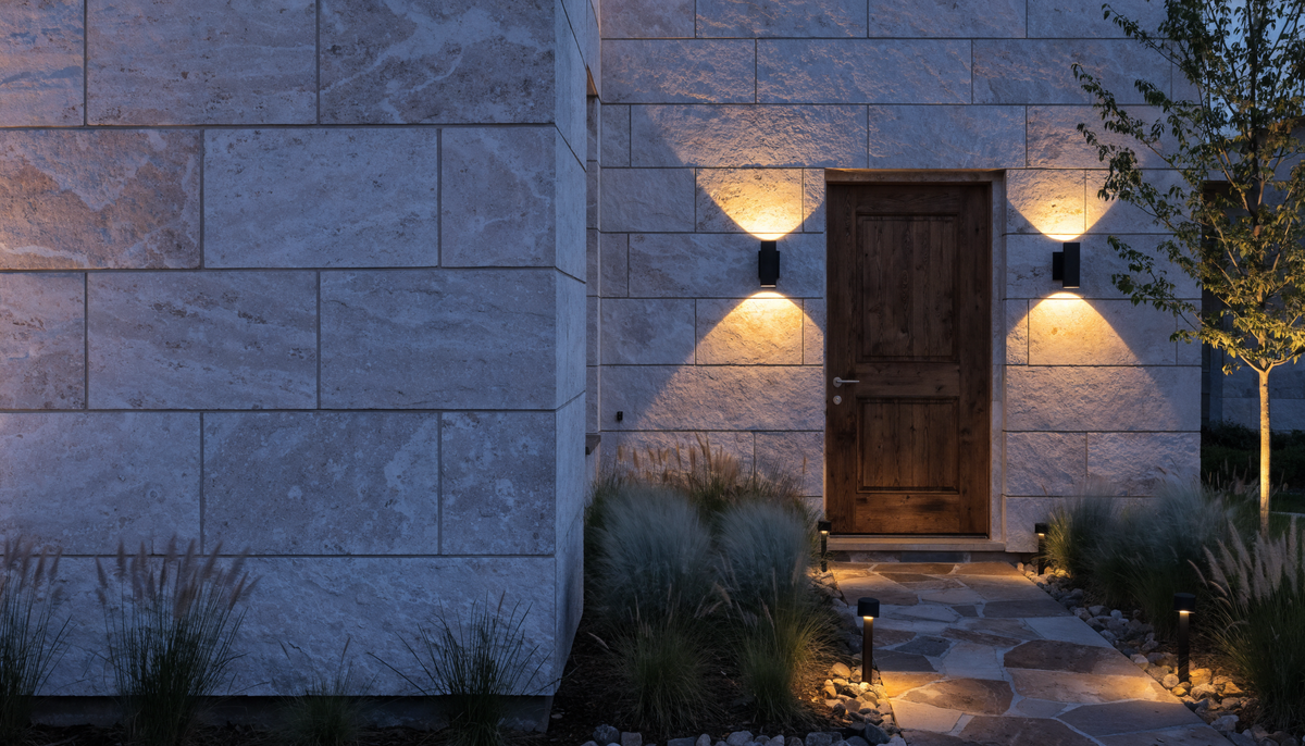 Hero v2 outdoor tight — stone facade at dusk with up-down wall sconces flanking a timber door