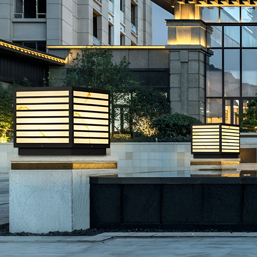 Modern Pillar Post Light, Waterproof Stainless Steel Marble-Texture LED Column Lamp for Terraces and Gateposts, Solar or Hardwired