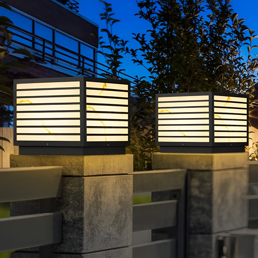 Modern Pillar Post Light, Waterproof Stainless Steel Marble-Texture LED Column Lamp for Terraces and Gateposts, Solar or Hardwired