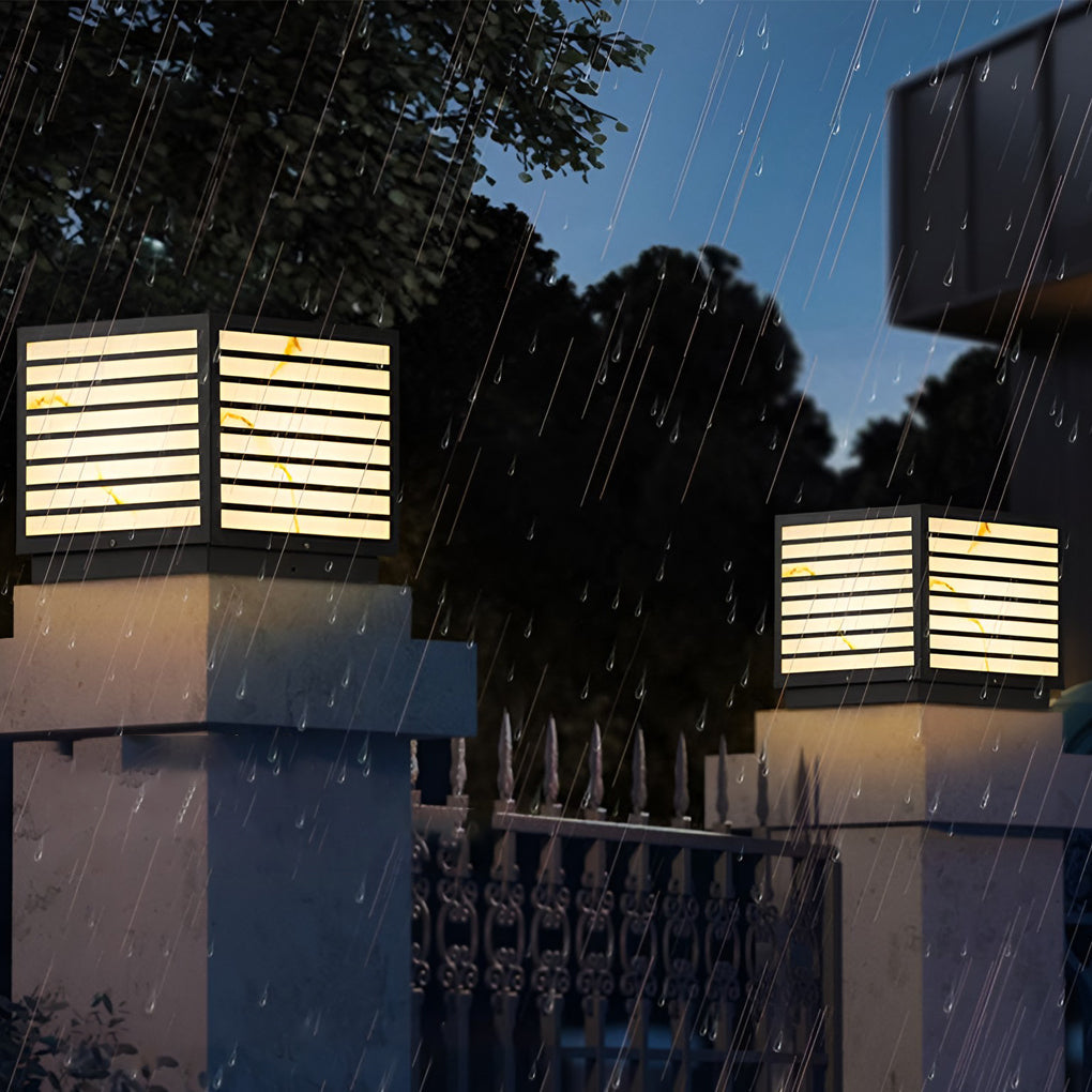Modern Pillar Post Light, Waterproof Stainless Steel Marble-Texture LED Column Lamp for Terraces and Gateposts, Solar or Hardwired