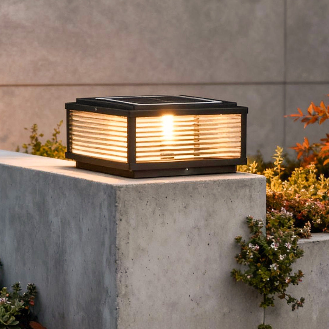 Square Pillar Post Light, Ribbed Glass and Stainless Steel Column Lantern for Gate Posts and Driveways, Solar or Hardwired