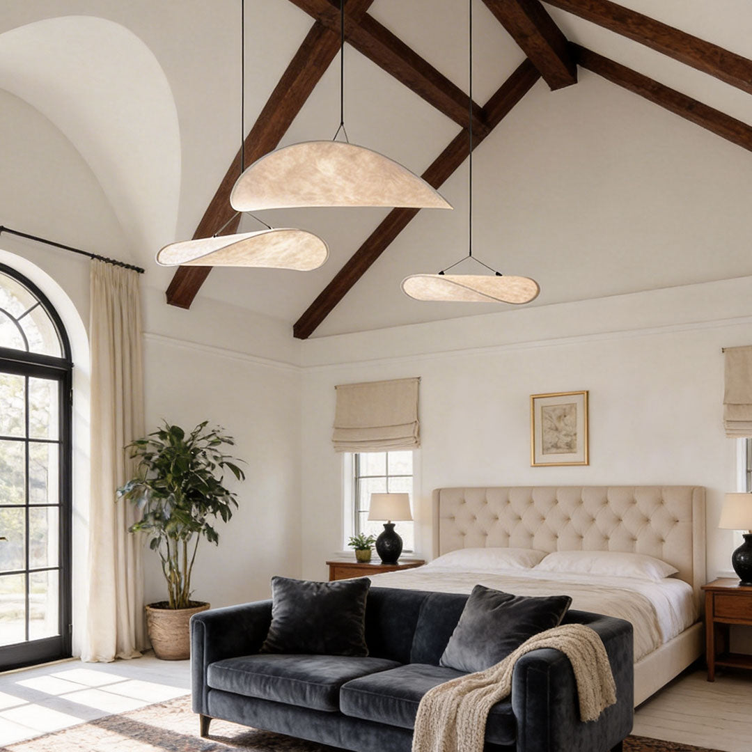 Oversized Chandelier, White Silk and Metal Ceiling Light for Living Room, Adjustable 70.9-Inch Cord