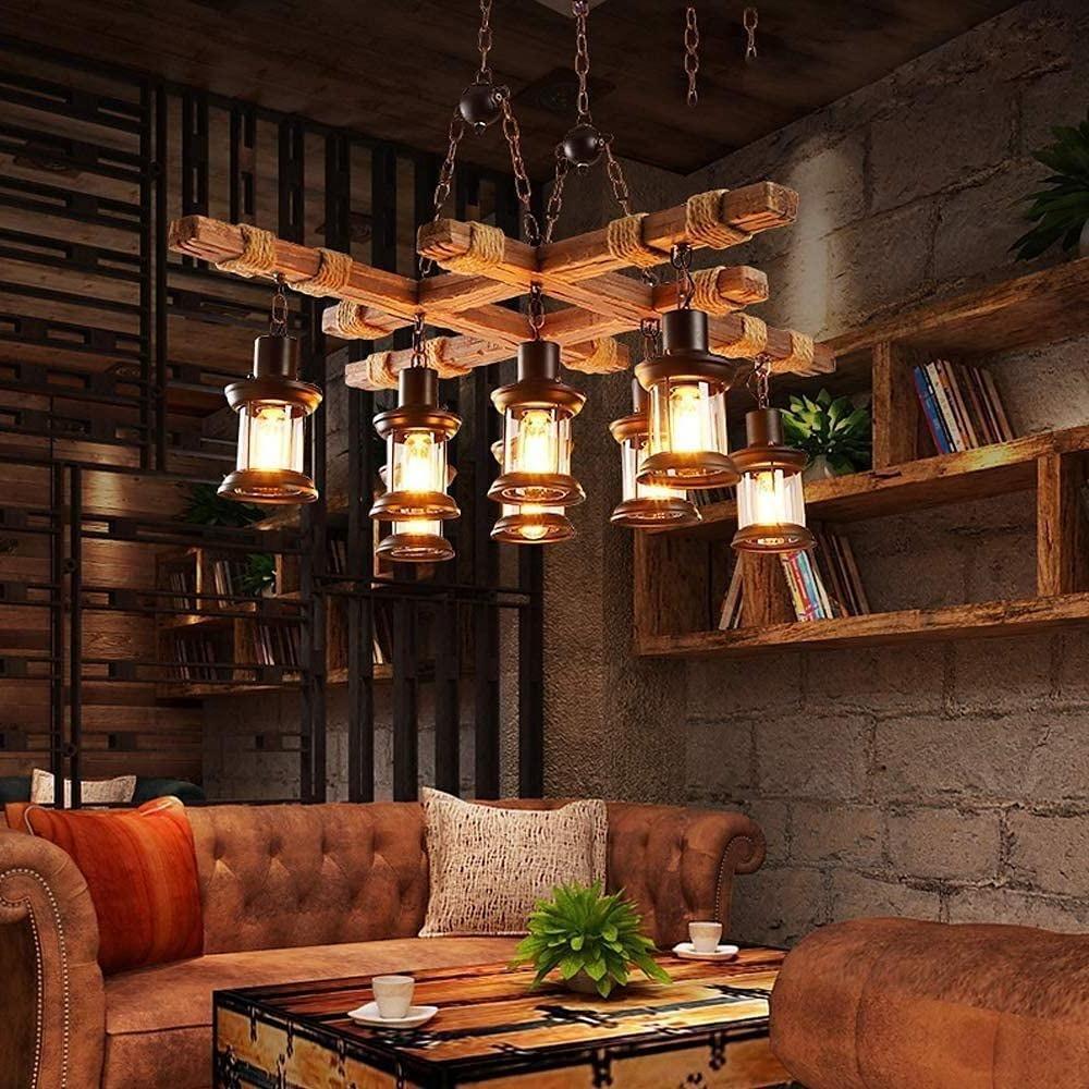 Industrial rustic wood chandelier in a living room