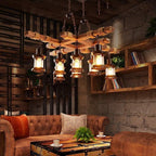 Industrial rustic wood chandelier in a living room
