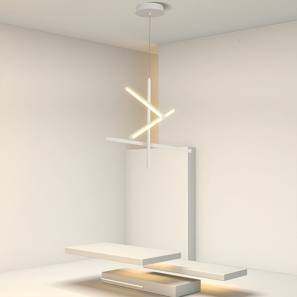 Iron linear chandelier in a minimal contemporary hallway
