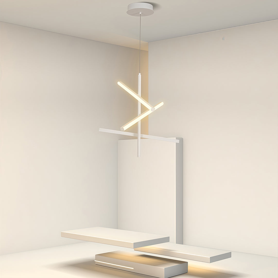 Iron linear chandelier in a minimal contemporary hallway