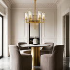 Island chandelier in a bright contemporary room with white walls