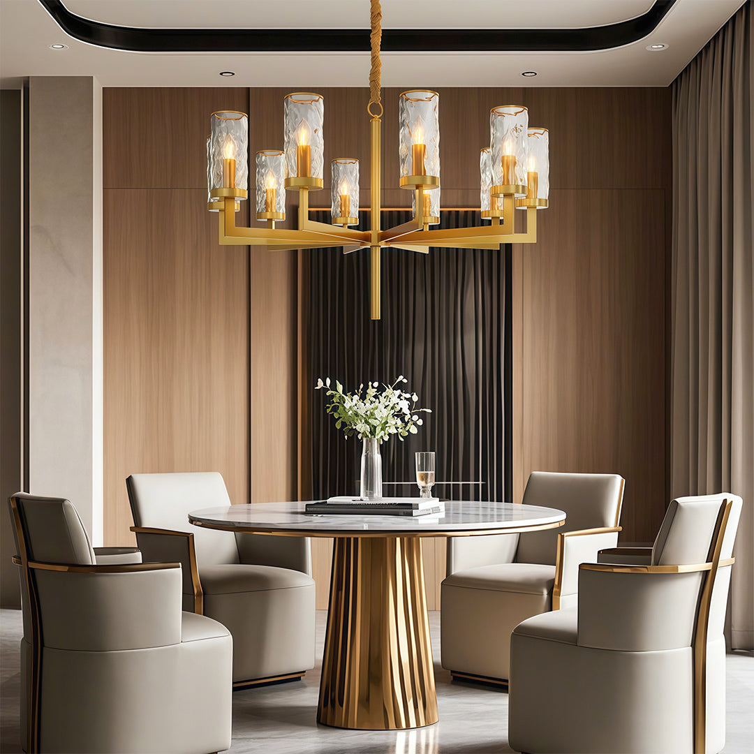 Island chandelier hanging from a dramatic dark ceiling