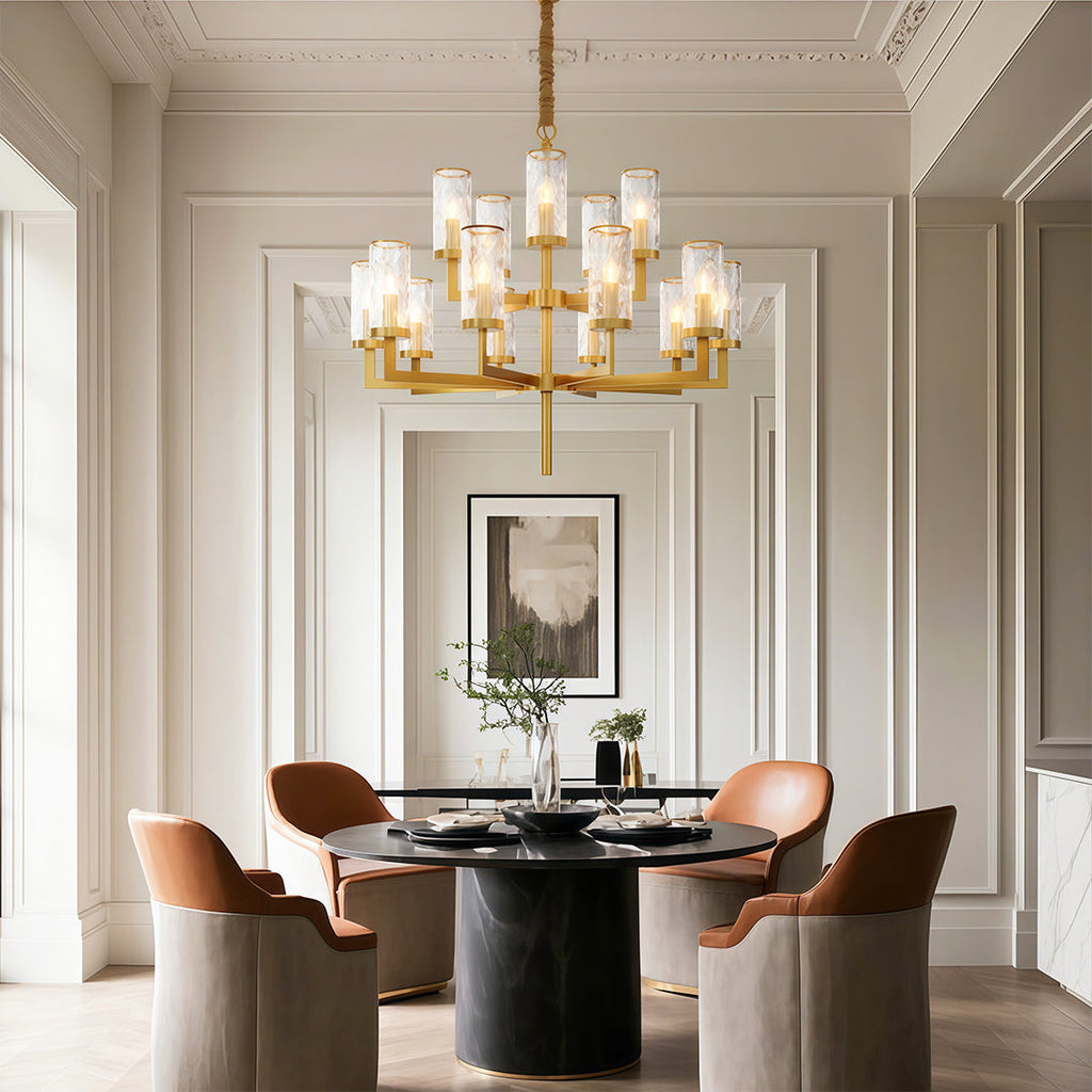 Island chandelier in a luxurious neutral dining room