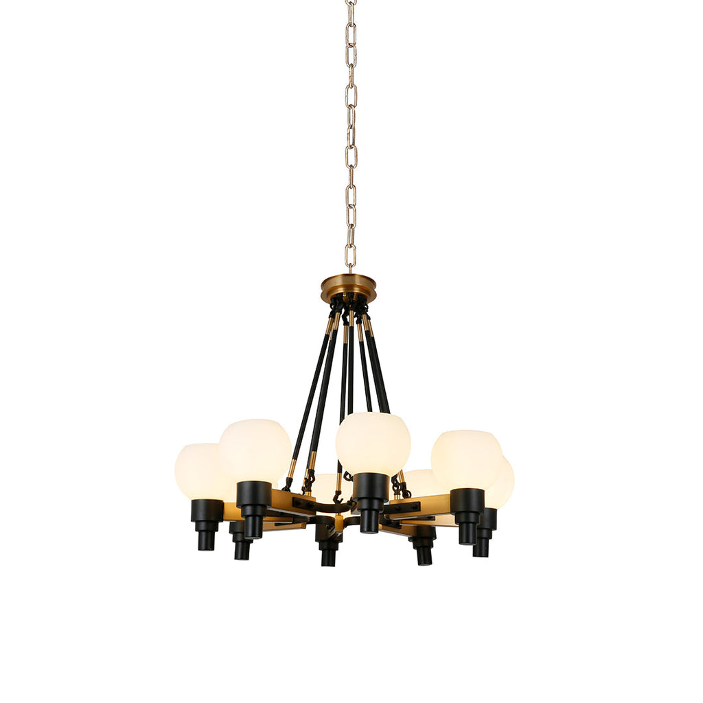 Angular metal cage candelabra chandelier shown on its own