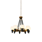 Angular metal cage candelabra chandelier shown on its own