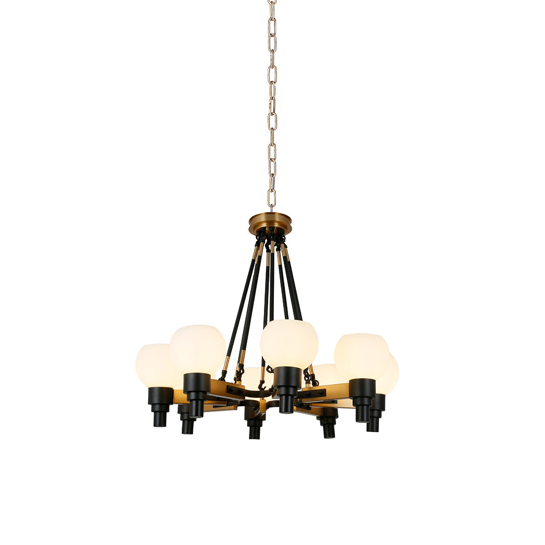 Angular metal cage candelabra chandelier shown on its own