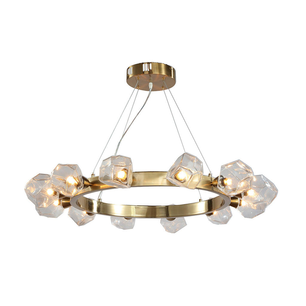 Round Chandelier, Gold Metal and Clear Glass Ring Ceiling Light for Entryway, Adjustable Cord