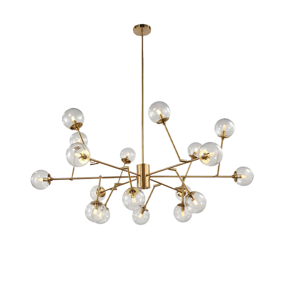 Expansive multi-arm chandelier with transparent spheres, shown alone