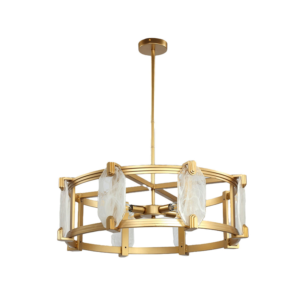 Hexagonal gold frame chandelier with prismatic diffusers isolated on white