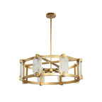 Hexagonal gold frame chandelier with prismatic diffusers isolated on white