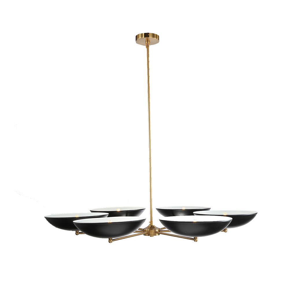 Sleek horizontal brass chandelier shown on its own