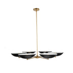 Sleek horizontal brass chandelier shown on its own