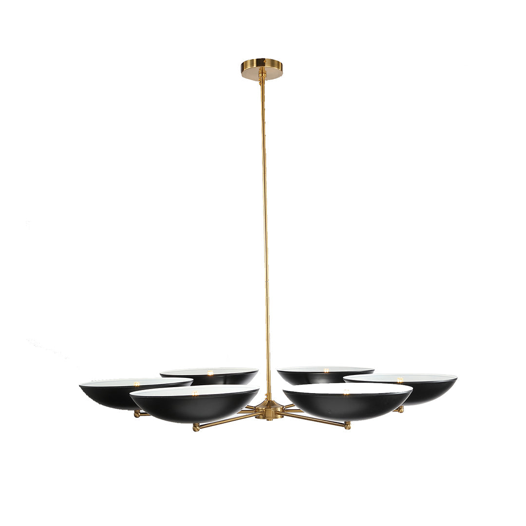 Sleek horizontal brass chandelier shown on its own