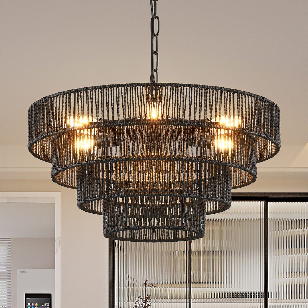 Japanese Chandelier, Iron and Jute Rope Zen Ceiling Light for Dining Room, 6 or 8 Lights
