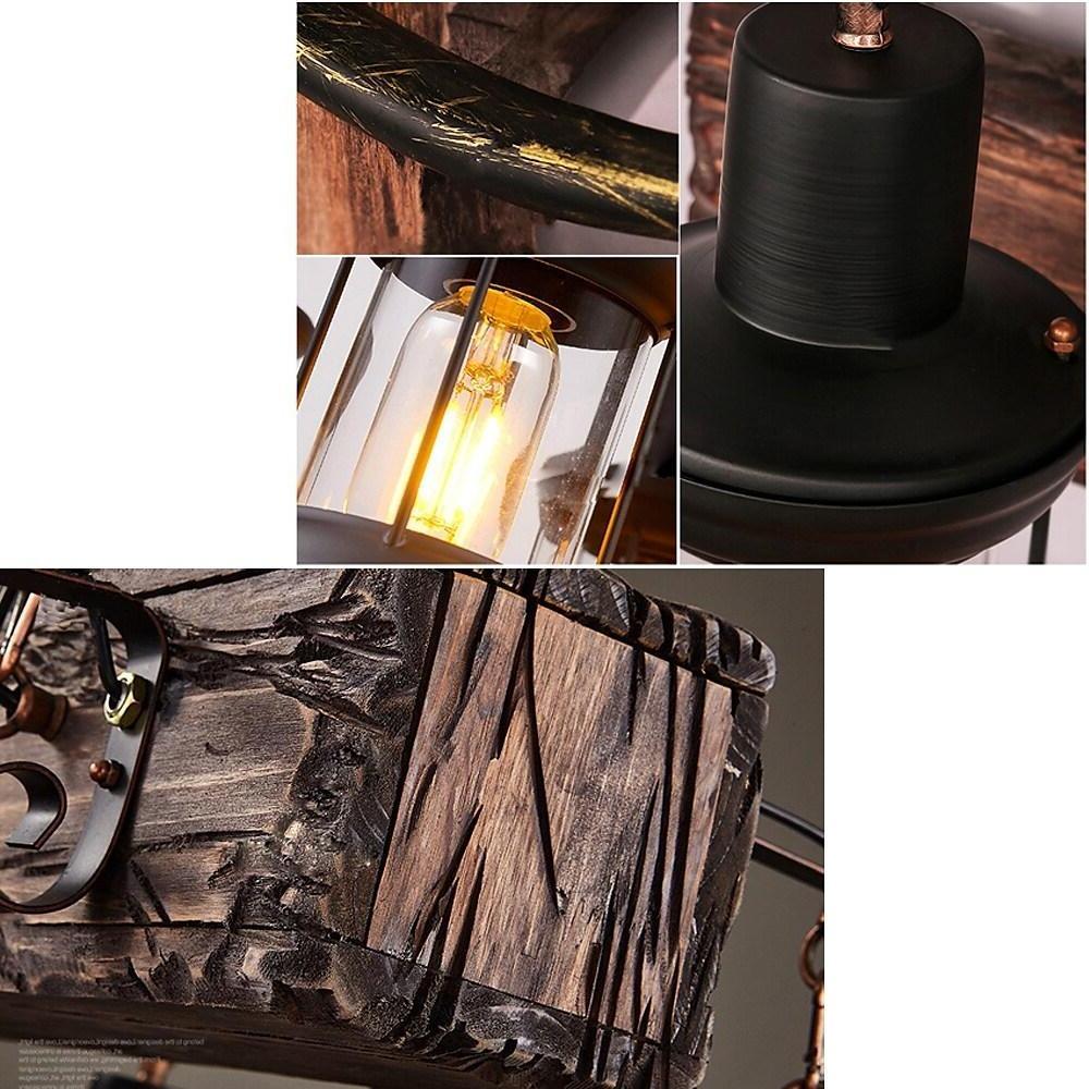 Lantern Chandelier, Wood and Glass 6-Light Farmhouse Ceiling Light for Dining Room, Antique Brass