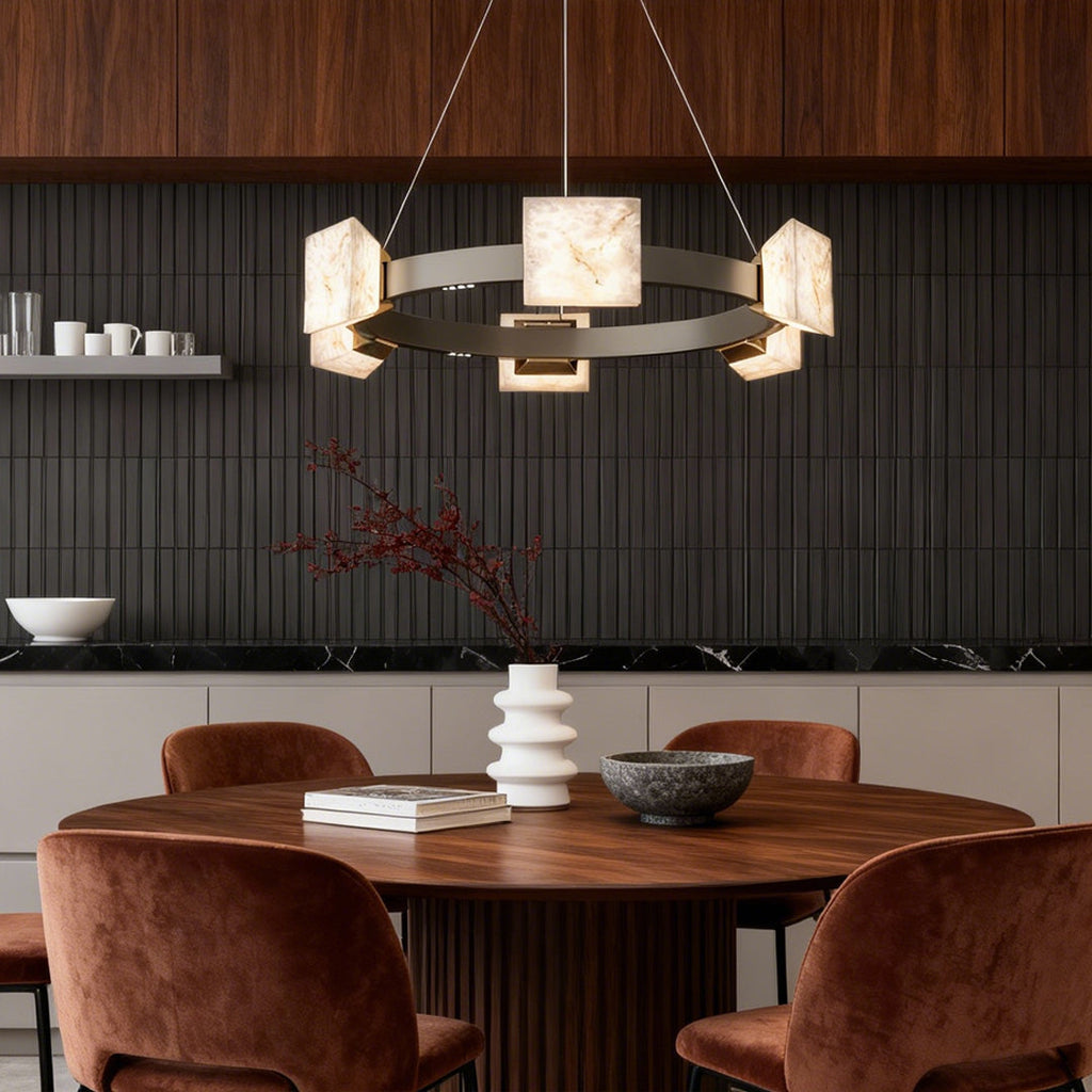 Cloud stone kitchen island chandelier hanging in a dining room