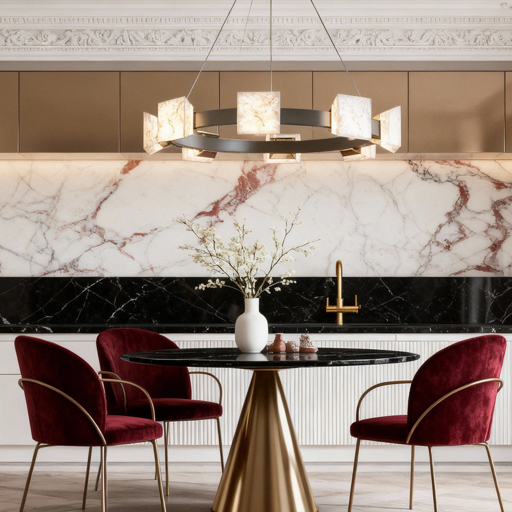 Cloud stone chandelier in a combined living and dining space