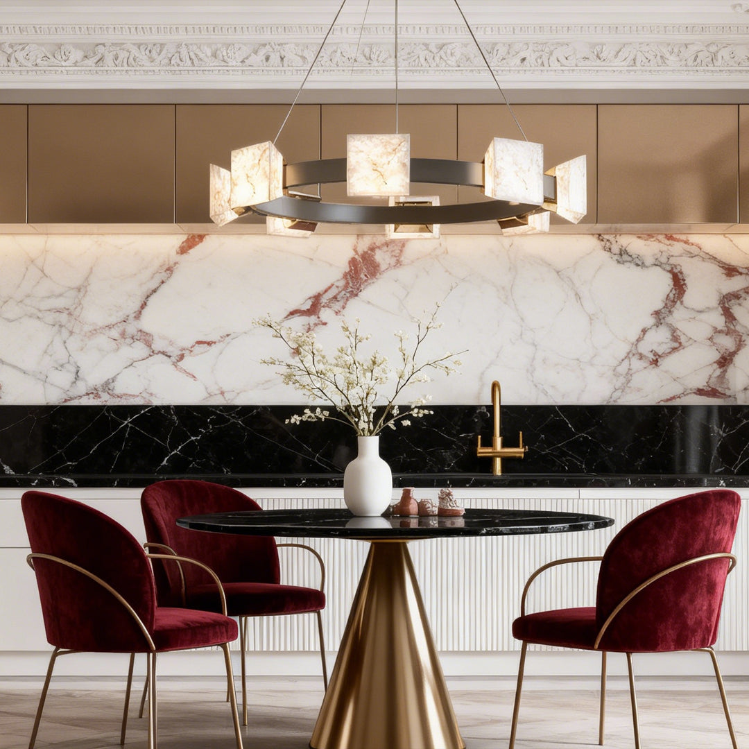 Cloud stone chandelier in a combined living and dining space