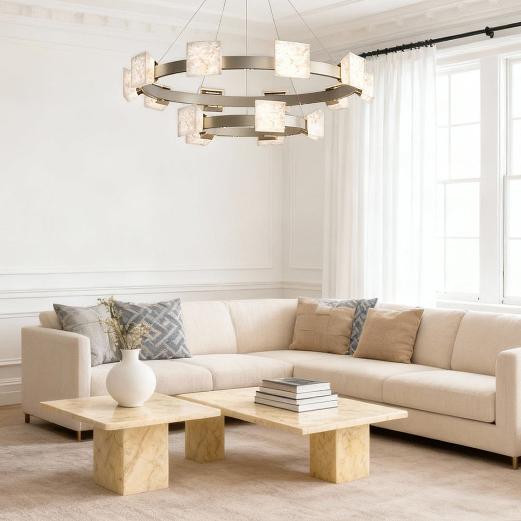 Gold ring cloud stone chandelier in a living room