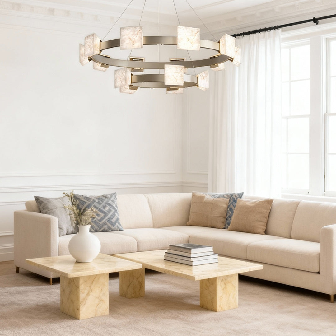 Gold ring cloud stone chandelier in a living room