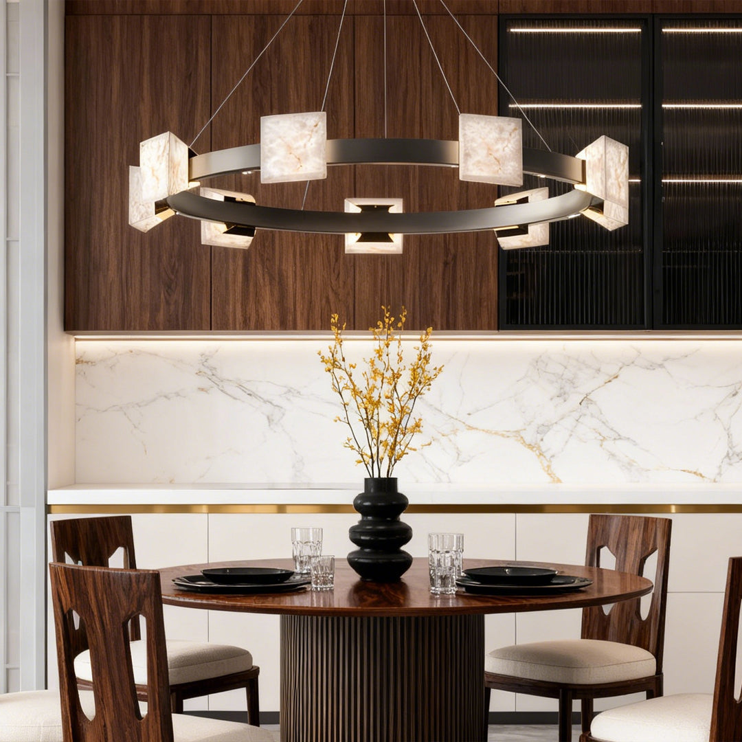 Cloud stone chandelier hanging in a living room