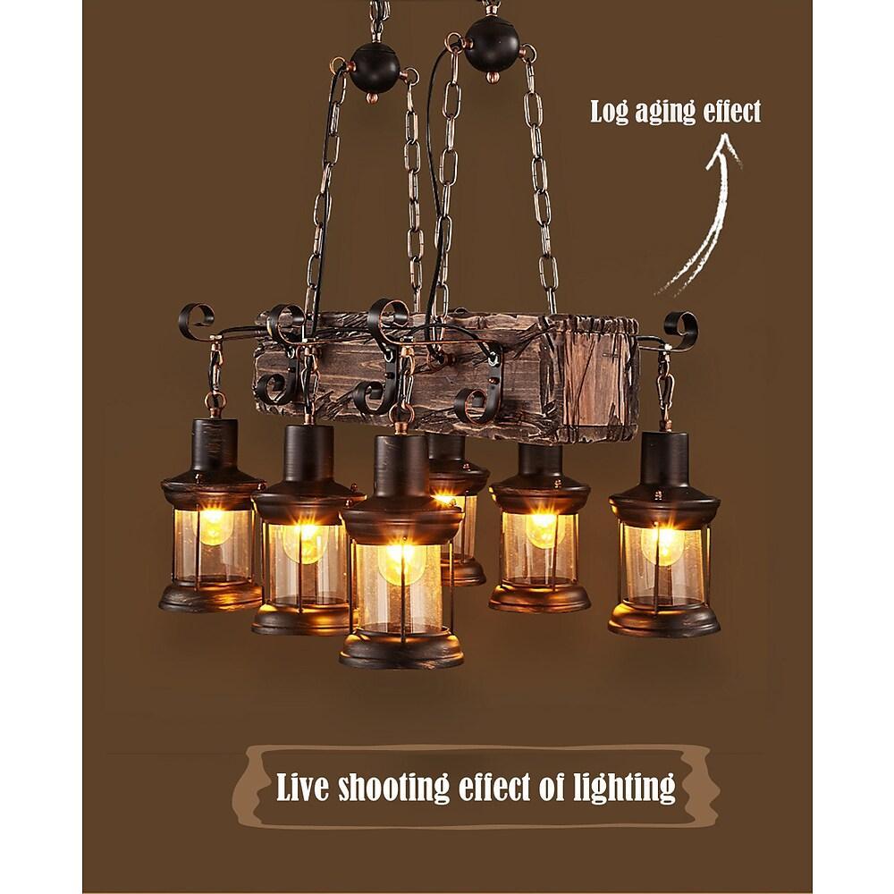 Lantern Chandelier, Wood and Glass 6-Light Farmhouse Ceiling Light for Dining Room, Antique Brass
