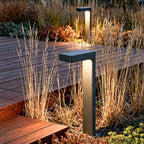 Sleek black L-shaped path light among plants on a garden pathway