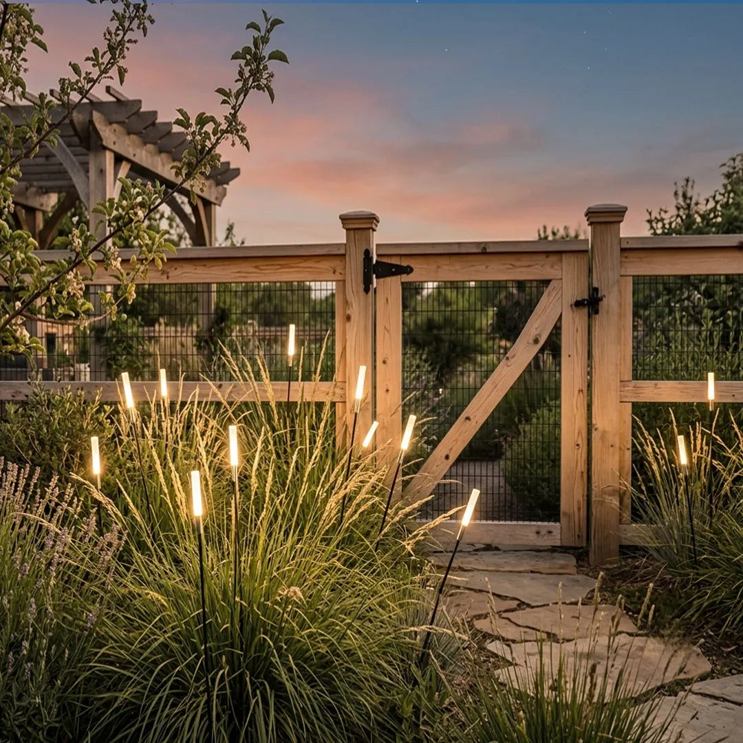 Reed styled spike lights beside a rustic garden gate