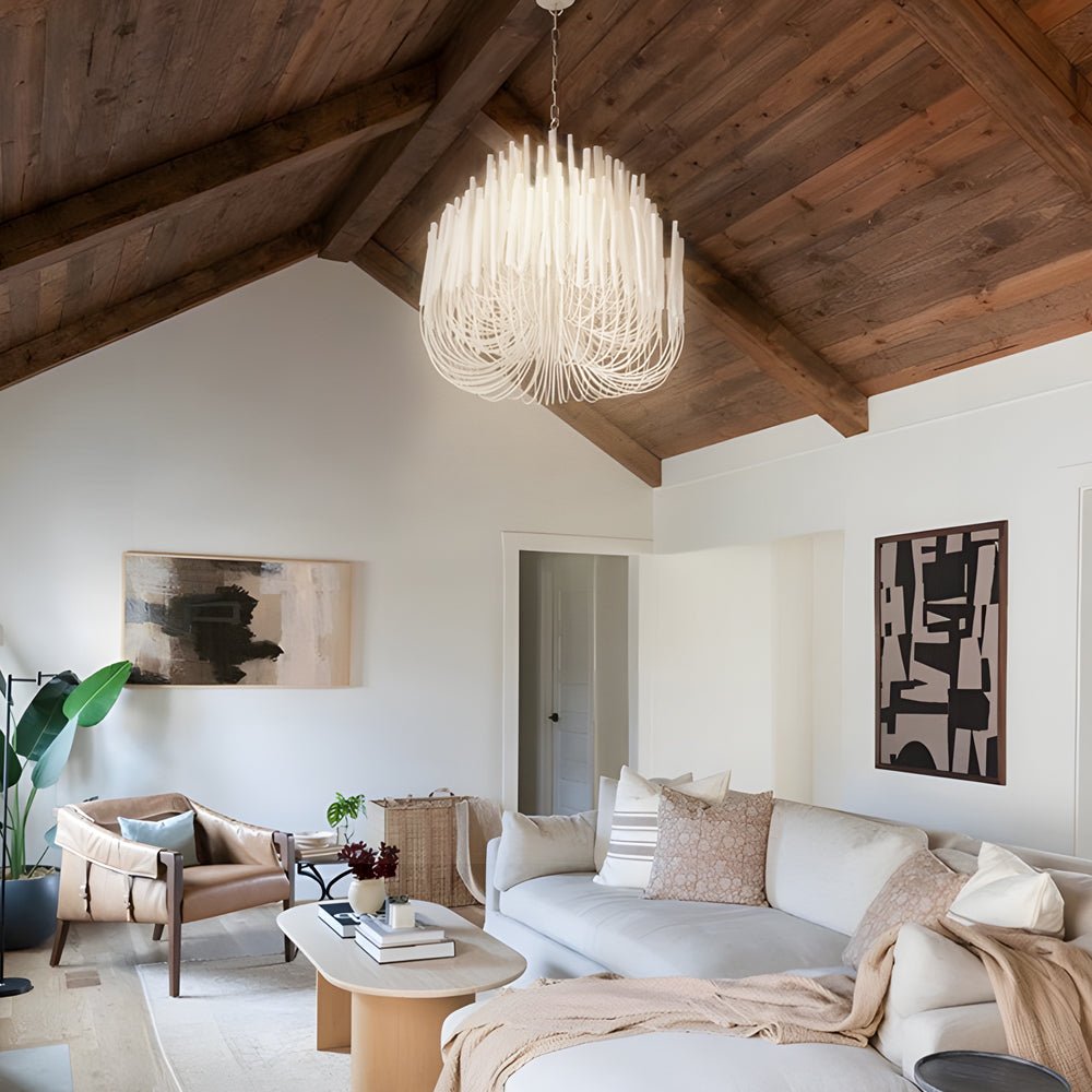 Candlestick Chandelier, White Wood and Iron Ceiling Light for Dining Room, Adjustable Chain