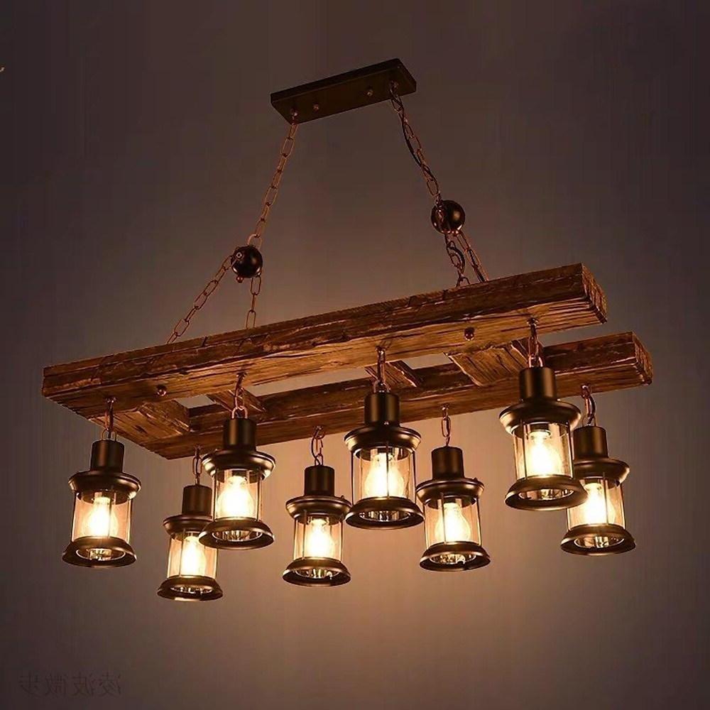 Linear Lantern Chandelier, Wood and Glass 8-Light Ceiling Light for Dining Room, 37 Inches Wide