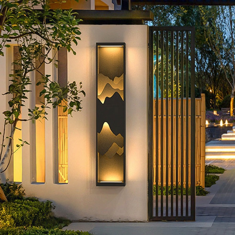 Mountain Scenery Outdoor Wall Light, Sculptural Up Down LED Solar Porch Lamp for Entryways and Garden Walls, Waterproof Layered Design